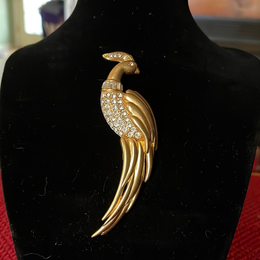 Goldstone and rhinestone peacock brooch